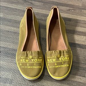 Tory Burch Green Canvas Loafers with Yellow Print